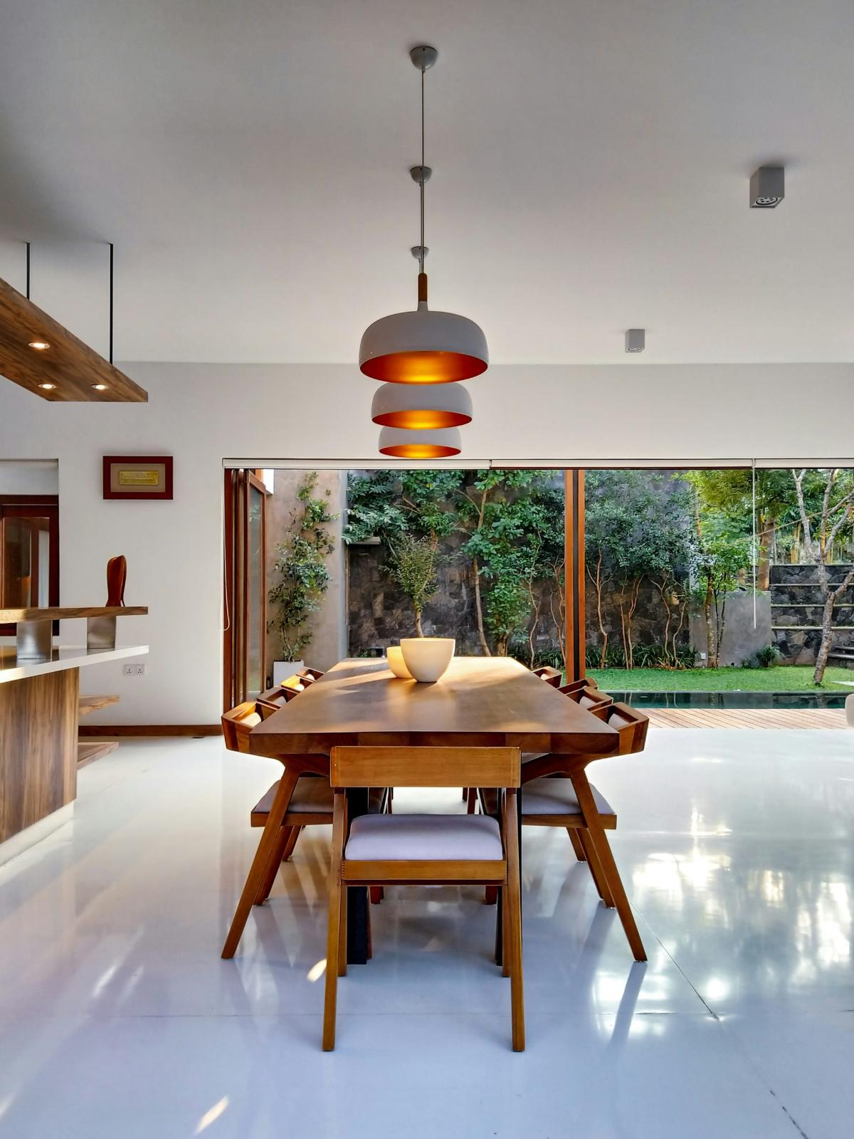 Modern dining room with large wooden table